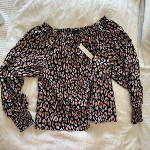 Sanctuary Brown and Black Smocked Long Sleeve Blouse